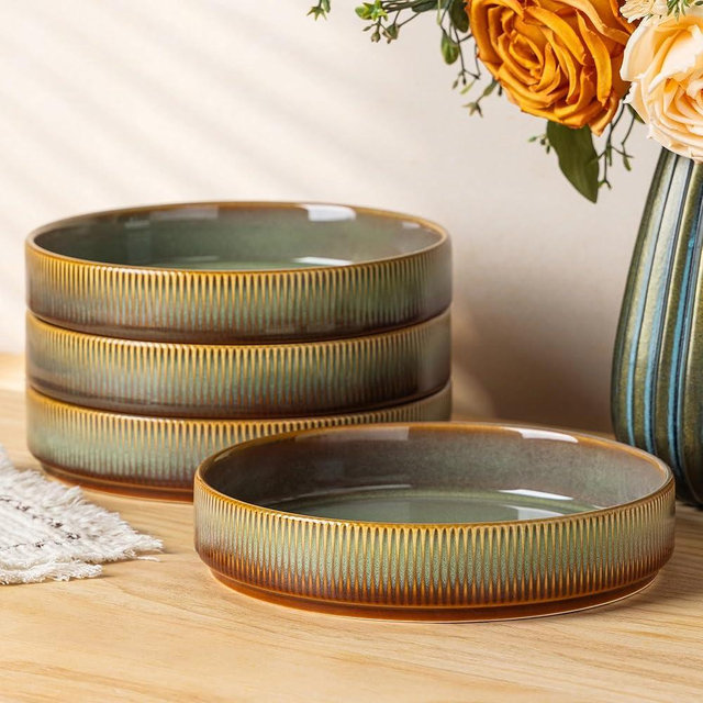 theterra 7.5'' Ceramic Pasta Bowls, Salad Bowls Set of 4, Stoneware Serving Bowls for Fruits, Noodle, Dinner, House-warming Wedding Present, Sage Umber