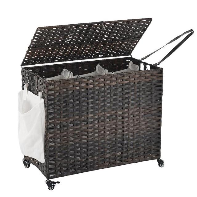 Laundry Hamper with Wheels, 52.8 Gallon(200L) Rolling Laundry Basket with Lid, 3-Section Rattan Clothes Hamper with 3 Removable Liner & 3 Mesh Laundry Bags, Laundry Sorter with Side Pocket, Brown
