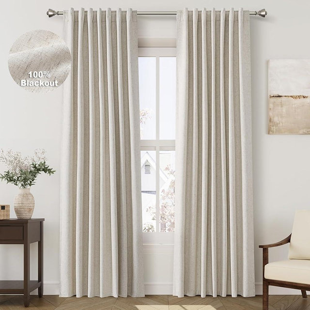 100% Blackout Linen Curtains 84 Inch Length 2 Panels Sand Beige Light Blocking Darkening Living Room Curtains 84 Inches Long Elegant Modern Back Tab Pocket Noise Reducing Drapes for Nursery 52X84