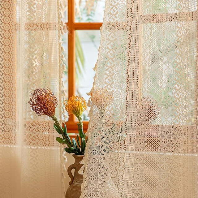 Sutuo Home Beige Boho Lace Curtains 84 inches Long,Crochet Macrame Bohemian Drape Farmhouse Vintage Chic Tassels,Cream Sheer Window Curtains for Living Room&Bedroom Decor Rod Pocket, 2 Panels 50" W