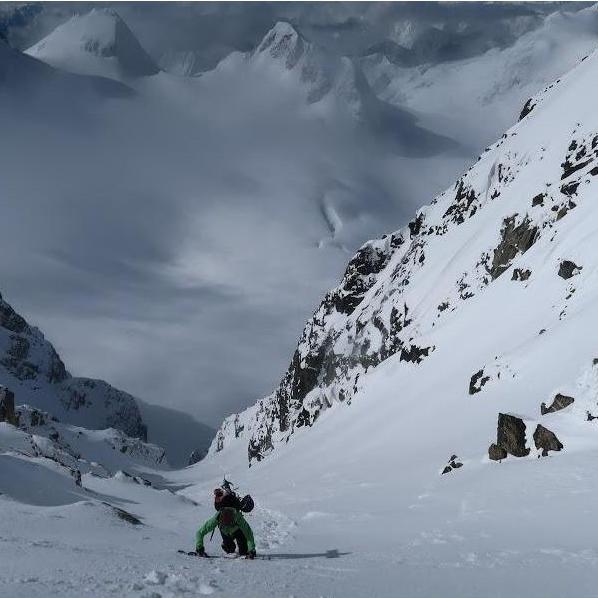 Marcy booting up the classic steep Aussie Couloir on Joffre Peak just north of Pemberton.
