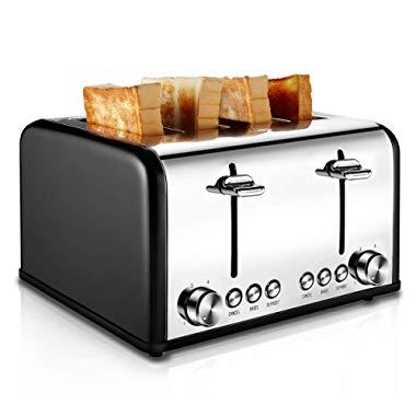 Toaster 4 Slice, CUSIBOX Stainless Steel Toaster with BAGEL/DEFROST/CANCEL Function, Extra Wide Slots Four Slice Bread Bagel Toaster, 1650W, Black