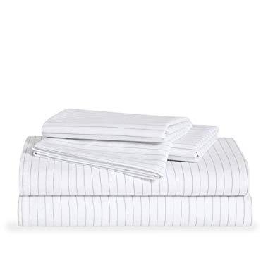 Brooklinen Luxe Core Sheet Set – Includes 1 Flat Sheet, 1 Fitted Sheet + 2 Pillowcases – 480 Thread Count Sateen Sheet Set – 100 Percent Long-Staple Cotton – Oeko-TEX Certified – Smoke Stripe – Queen