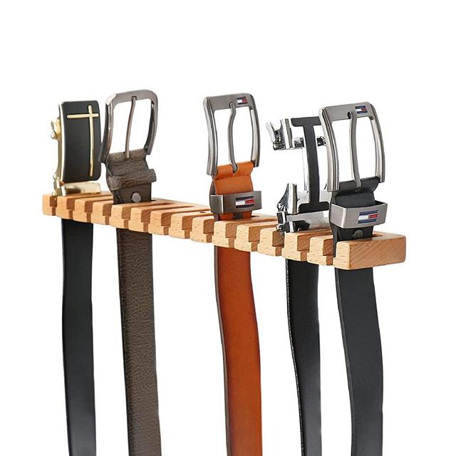 Belt Hanger for Closet, 2 in 1 Wooden Wall Mount 14 Belts Organizer w/ Through-the-wall Nails, Belt Rack w/ 360° Swivel Hook, Tie and Belt Organizer Display for Closet, Door, Wall, 1 Pack