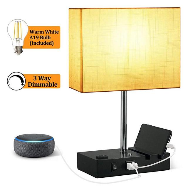 Touch Control USB Table Lamp, 3-Way Dimmable Table Lamp with 2 Useful USB Ports & One Outlet, 2700K 800LM Bulb Included with the Modern Table Lamp, Suitable for Nightstand Bedroom Lamp, White Shade
