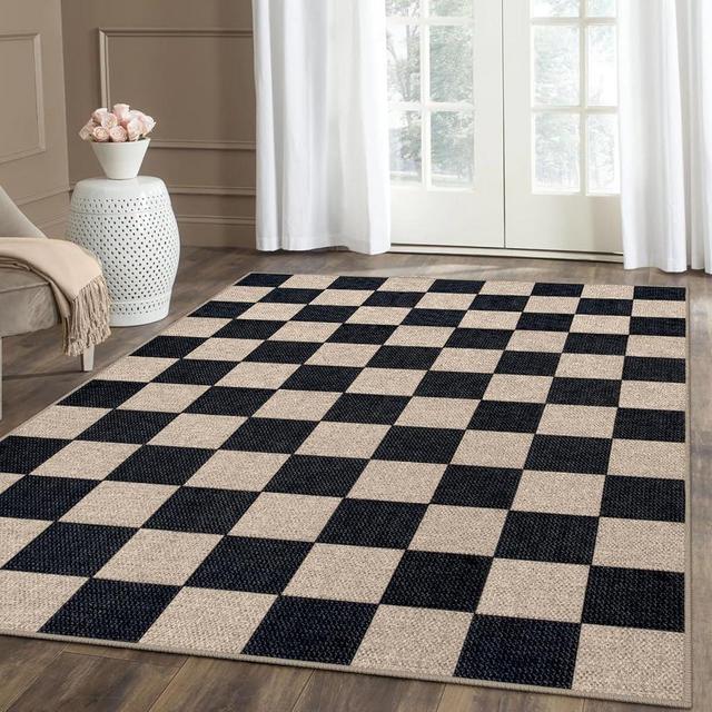 Lahome Checkered Easy Jute Area Rug, 5x7 Outdoor Patio Rug Washable Carpet for Living Room Checkerboard Indoor Outdoor Carpet, Farmhouse Geometric Non Slip Black Mat for Backyard Dining Room