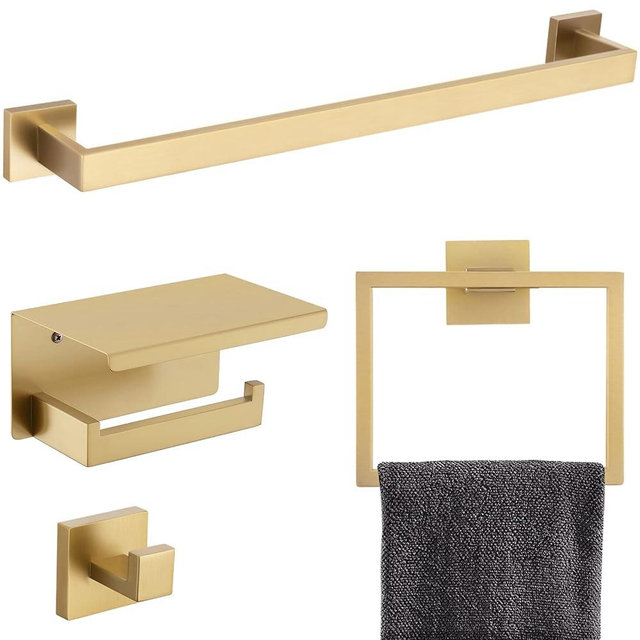 Brushed Gold Bathroom Towel Bar Holder Sets Premium Stainless Steel 4-Piece Bathroom Hardware Set Wall Mounted Bathroom Toilet Paper Holder with Shelf Set.