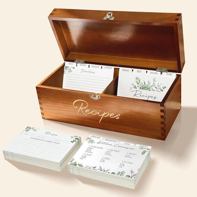 CYAOOI Large Wooden Recipe Box with Cards and Dividers, Vintage Style Wood 4x6 Recipe Holder Card Box Includes 100pcs 4x6 Recipe Card & 16 Dividers, Index Card Box for Kitchen Storage & Gifting