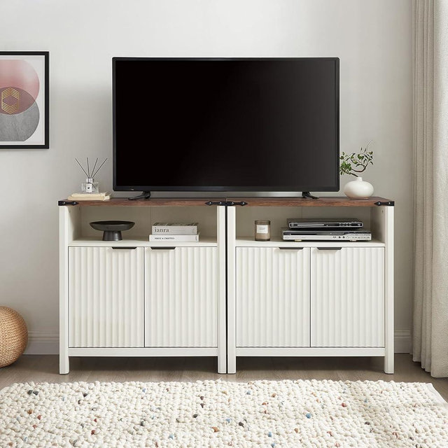BuildHom 32 Inch Fluted Sideboard Cabinet with Open Shelf & Adjustable Shelves Set of 2, Modern Farmhouse Storage Cabinet for Kitchen, Entryway, Living Room, Coffee Bar Organizer (Antique White)