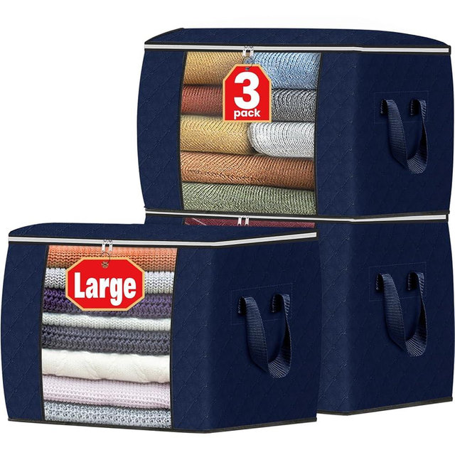 Fab totes 24 Gallons Clothes Storage, Foldable Thick Fabric Blanket Storage Bags, Containers for Organizing Bedroom, Closet, Clothing, Comforter, Organization with Handle (3 Pack,Blue)