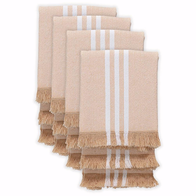 HEIRLOOM COMFORT Monochrome Stripe Kitchen Towels 12 Pack, 16x26 Inch, 100% Cotton, Super Absorbent & Quick Dry, Durable, Fringed Dish Towel for Drying Dishes, Machine Washable, Everyday Use, Beige