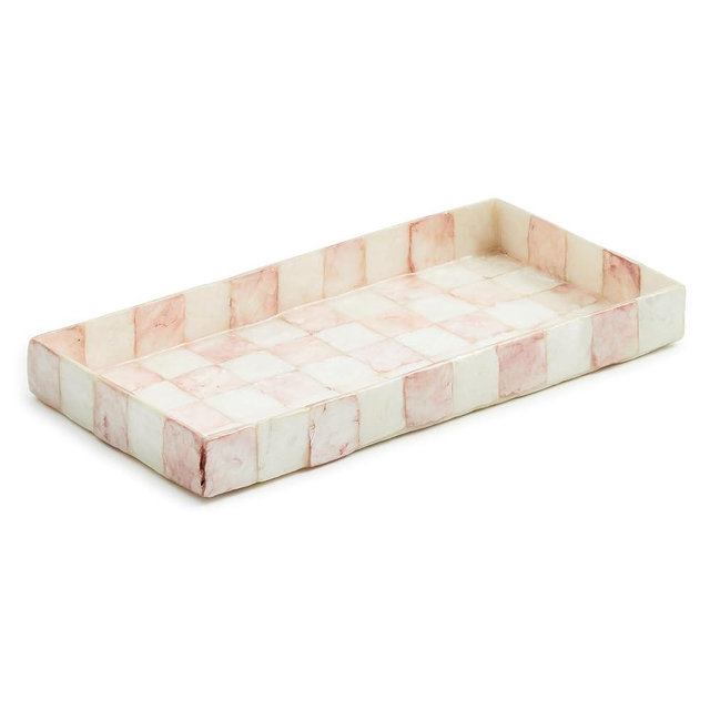MACKENZIE-CHILDS Capiz Vanity Tray, Rectangular Tray Decor, Pink-and-White Rosy Check