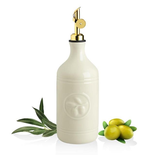 Sweejar 16 Oz Ceramic Olive Oil Dispenser Bottle, Oil Dispenser for Kitchen with Gravity Spout, Relief Opaque Oil Container for Evoo, Avocado Oil, Vinegar, Soy Sauce, 1 Pack(Beige, Gold Spout)
