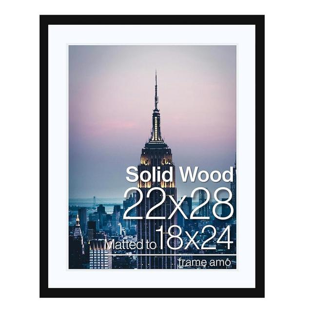 Frame Amo 22x28 Black Solid Wood Picture Frame with 17.5x23.5 White Mat Opening for 18x24 Image, 1 Inch Border, Acrylic Face