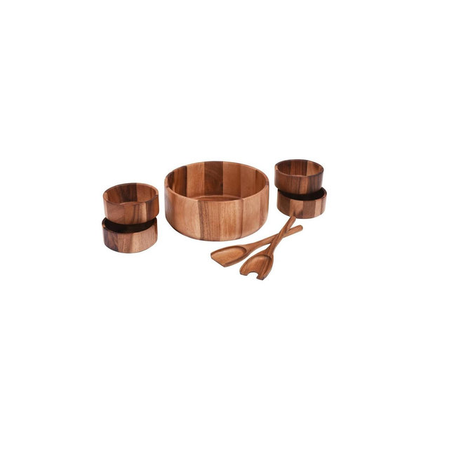 Kalmar Home Acacia Wood 7 Piece - Extra Large Salad Bowl with Servers and 4 Individual bowls