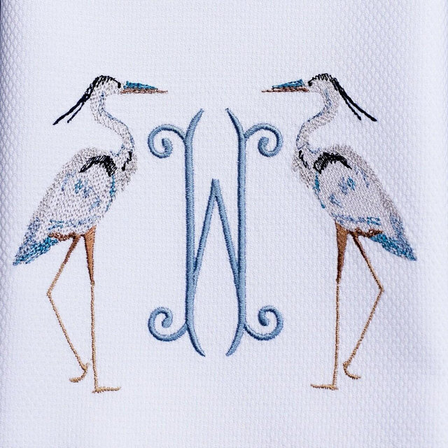 Monogrammed Guest Towel: Embroidered Heron, Coastal Decor