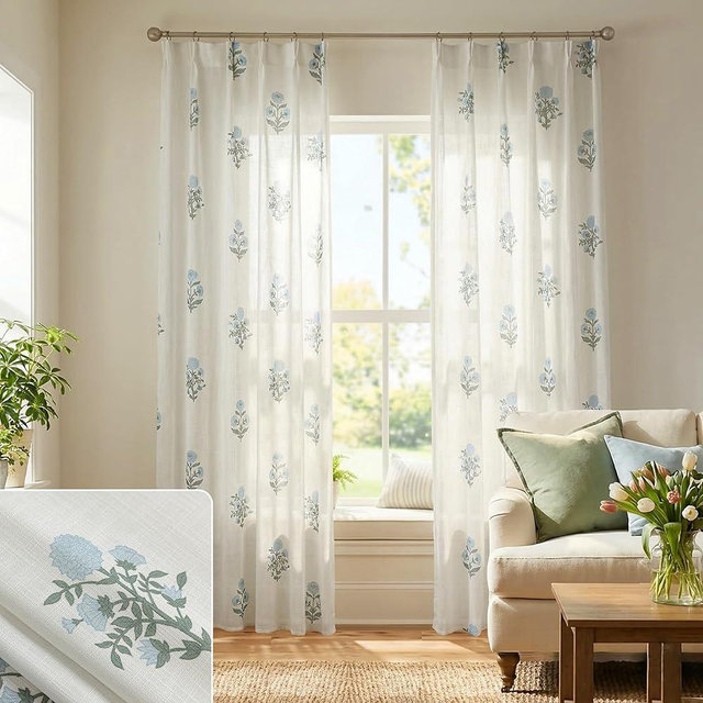 Blue Green Floral Modern Farmhouse Curtains for Living Room, 84 Inch Off White Semi Sheer Patterned Linen Pinch Pleated Drapes, Vintage Botanical Printed Cottage Core Curtains for Bedroom Dining Room