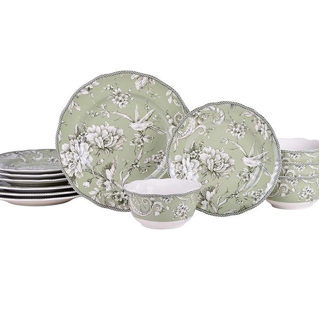 222 Fifth Adelaide Sage Porcelain 12-Piece Dinnerware Set – Service for 4, Includes Dinner Plates, Salad Plates & Cereal Bowls, Durable Porcelain, Dishwasher Safe, for Everyday Dining & Entertainment
