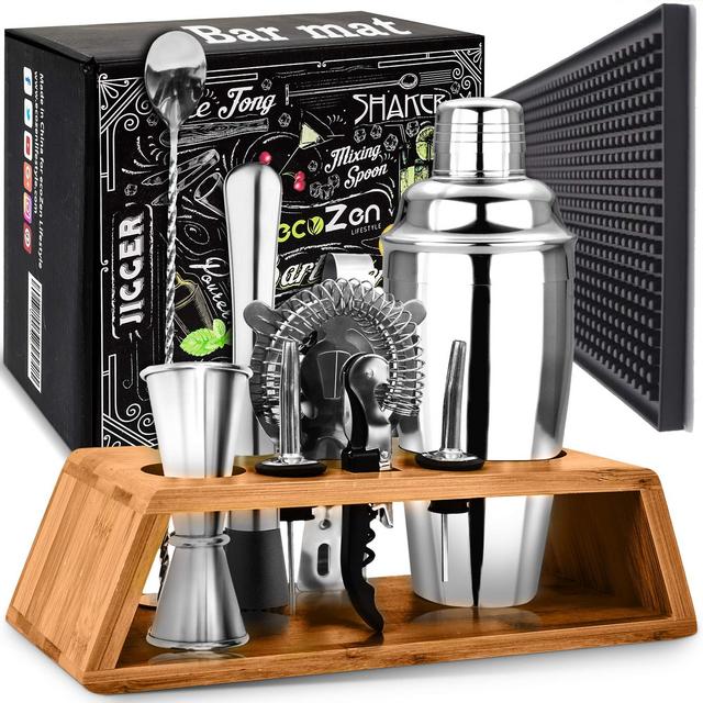 Cocktail Set with Bar Mat | Bartender Mixing Tool Kit with Elegant Wooden Stand | Premium Bar Set Cocktail Shaker Set | Best Gifts Ideas for Him (Husband, Boyfriend, Dad) Ideal for housewarming