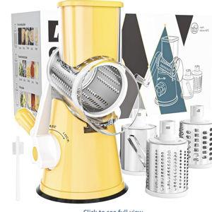 Cambom Rotary Cheese Grater Hand Crank Cheese Shredder for Fresh Cheese, Vegetable, Nuts,Non-slip Suction Base, Free Cleaning Brush Three Blades,Yellow