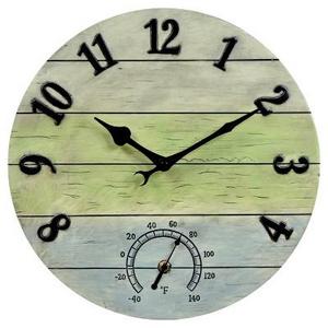14" Resin Outdoor / Indoor Wall Clock with Thermometer - Distressed Barnwood Finish - Acurite