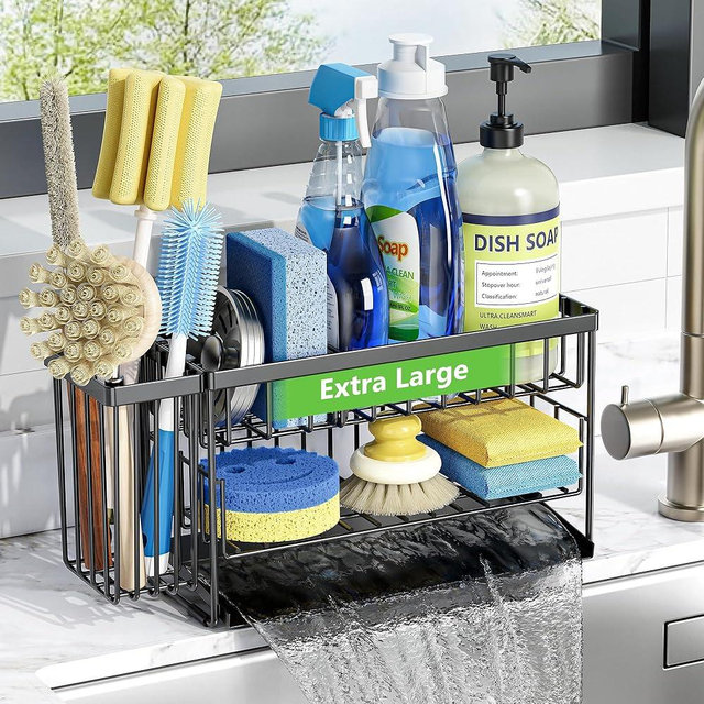 Cisily Extra Large 2-Tier Kitchen Sink Caddy Organzier Rack with Flexible Dish Brush Holder, Sponge Holder for Kitchen Sink Countertop Organization Storage