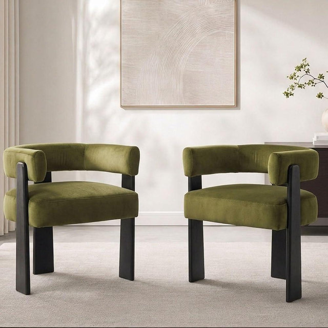 Hyfirm Modern Dining Chairs Set of 2, Upholstered Velvet Barrel Accent Chairs with Backrest & Arms, Wide and Thicker Padded Kitchen Side Chair with Wooden Legs for Dining Room, Livingroom, Dark Green