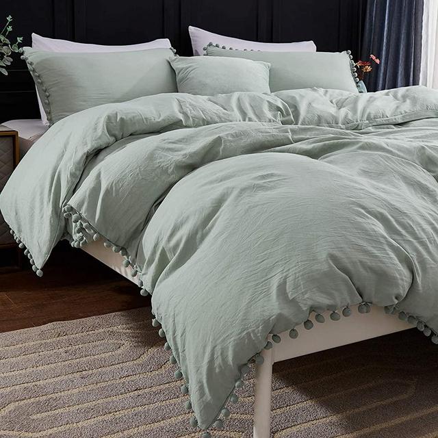 Andency Pom Pom Fringe Duvet Cover King Size(104x90 Inch), 2 Pieces(1 Solid Sage Green Duvet Cover, 2 Pillowcases) Soft Washed Microfiber Duvet Cover Set with Zipper Closure, Corner Ties