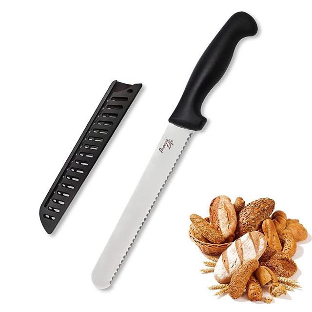 Breezylife Serrated Bread Knife with Sheath, Stainless Steel Bread Cutter for Homemade Bread Cake Bagel and Juicy Tomatoes, 8 inch, Black
