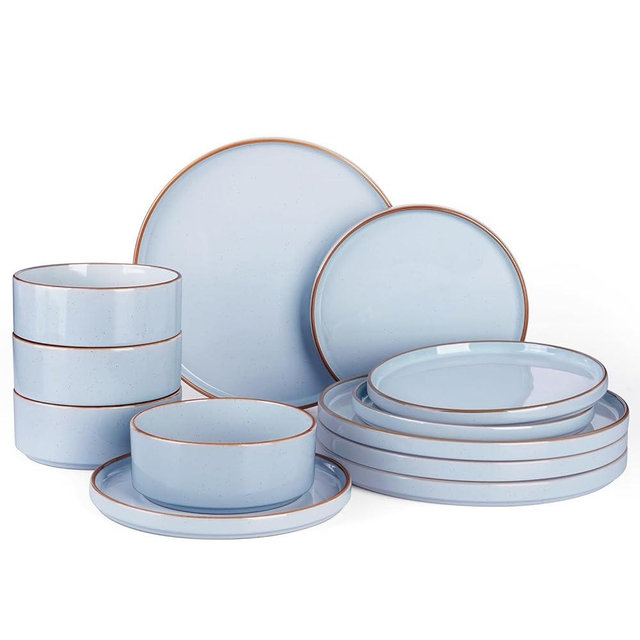 Famiware Nebula Plates and Bowls Sets for 4, 12 Pieces Stoneware Dinnerware Set, Microwave and Dishwasher Safe Dishes Set, Light Blue with Brown Rim