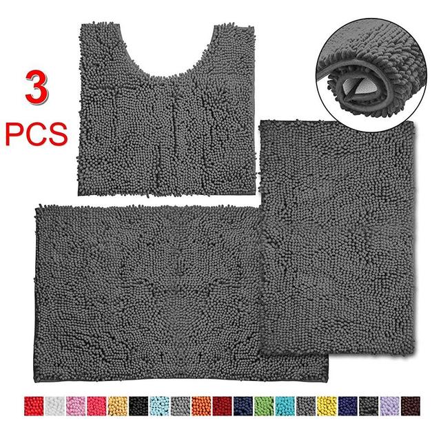 3 Pieces Bathroom Rugs, Anti-Slip Chenille Bath Rug, Super Absorbent Luxury Shaggy Bath Mats Set, Perfect Plush Carpet for Tub, Shower, Bath Room,Machine Washable(Dark Grey)