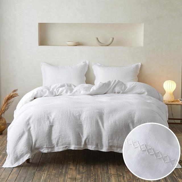 Simple&Opulence 100% Linen Duvet Cover Set with Crossed Embroidery Washed - 3 Pieces (1 Duvet Cover with 2 Pillow Shams) Soft Breathable Farmhouse - White, Queen Size