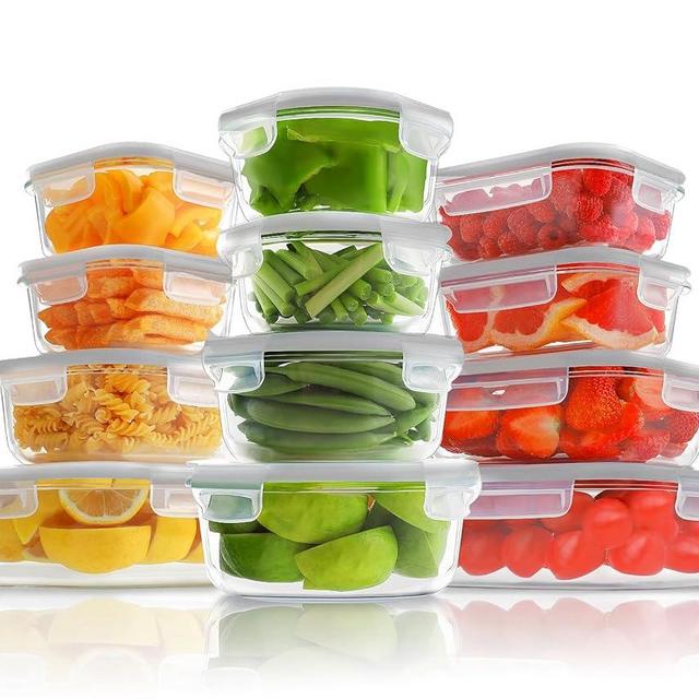 HOMBERKING 12 Sets Glass Food Storage Containers with Lids, Glass Meal Prep Containers, Airtight Glass Bento Boxes, BPA Free & Leak Proof, Pantry Kitchen Storage(12 lids & 12 Containers) - Gray
