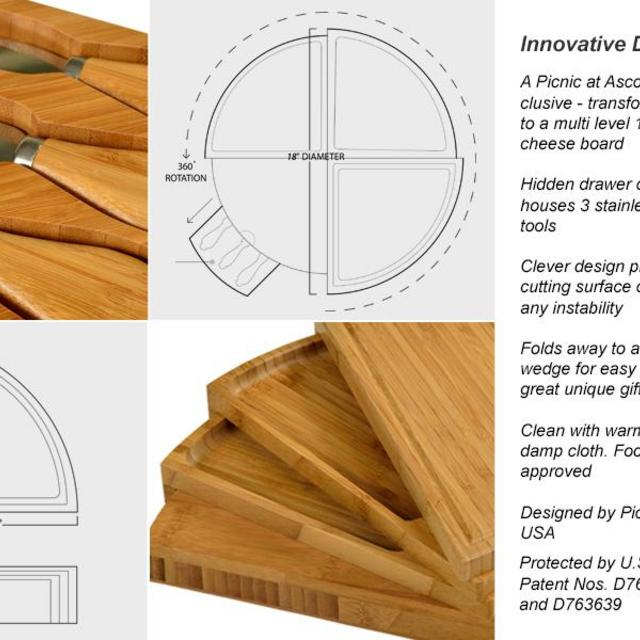 Picnic at Ascot Vienna Bamboo Cheese Board with Cheese Tools - Spirals from a Compact Wedge to 18" Diameter – USA Patented & Quality Assured