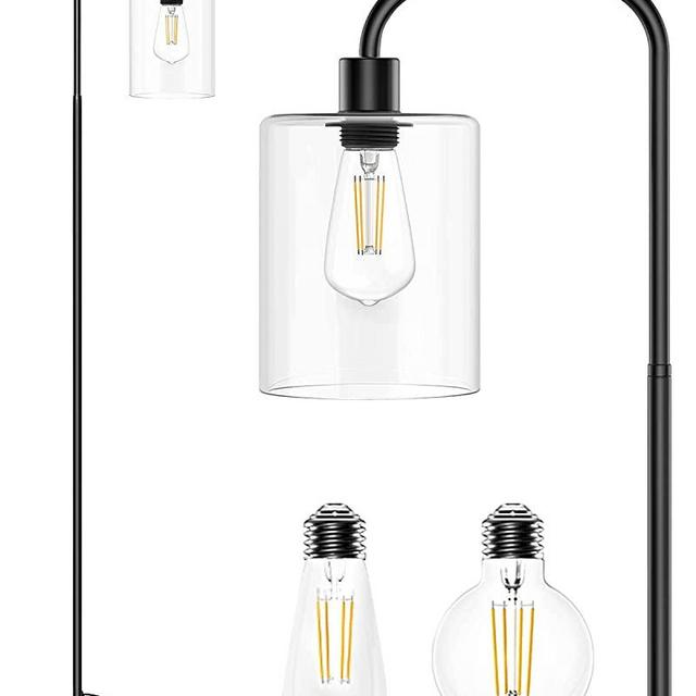 Isloys Floor Lamp, Industrial Floor Lamp with 2 LED Bulbs, LED Floor Lamp with Glass Shade, Modern Standing Lamp for Living Room Bedroom Office Farmhouse-Black