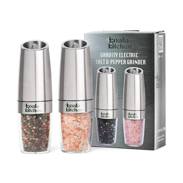 The Koala Kitchen Co. Gravity Electric Salt and Pepper Grinder Set - Stainless Steel Salt and Pepper Shakers Adjustable Coarseness - Blue Light Battery Operated Salt and Pepper Mills, 2 Pack (Silver)