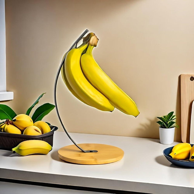 TIEYIPIN Banana Holder - Iron & Bamboo Fruit Stand for Bananas, Grapes & More - Keeps Fruits Fresh - Also Great for Headphones & Accessories - Easy Assembly with Tools Included