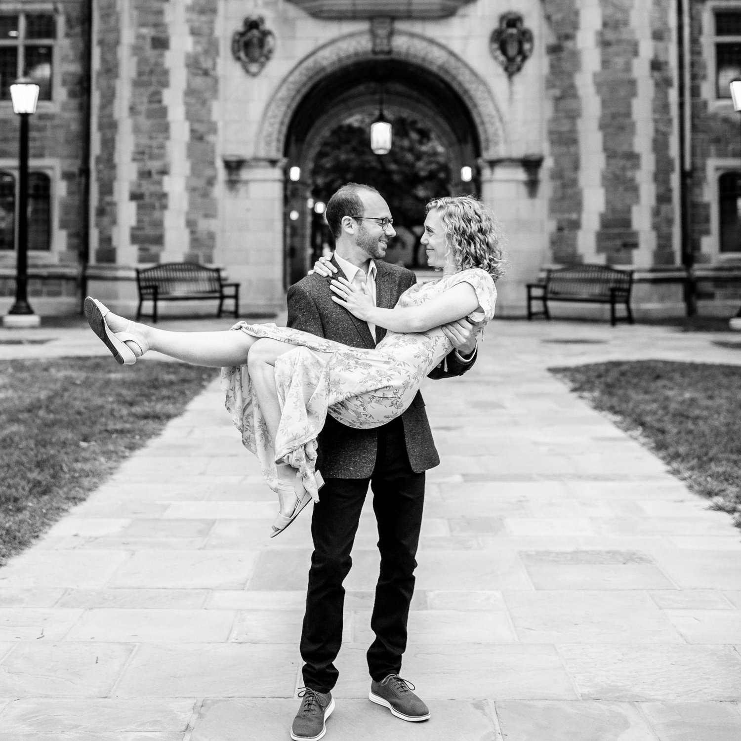 Engagement photos at the Law Quad at the University of Michigan