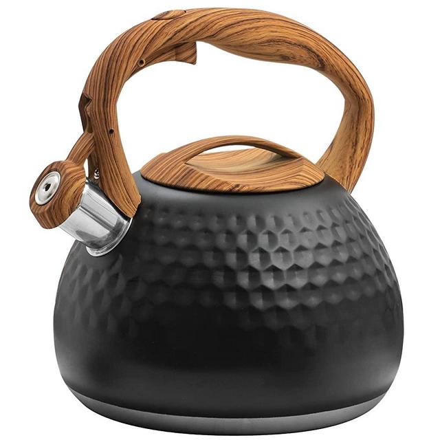 Whistling Stainless Steel Diamond Pattern Tea Kettle with Wood Grain Anti Heat Handle, Stainless Steel Cover Wood Grain Nylon Cover Top Tea Pot, 2.8L, Black