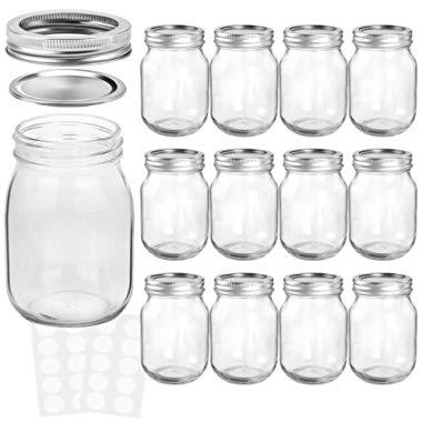 KAMOTA Mason Jars 16 oz With Regular Lids and Bands, Ideal for Jam, Honey, Wedding Favors, Shower Favors, Baby Foods, DIY Magnetic Spice Jars, 12 PACK, 20 Whiteboard Labels Included