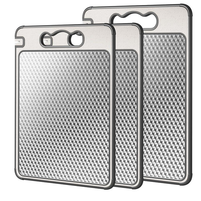 Double Sided 304 Stainless Steel & Wheat Straw Cutting Board,Non Toxic Lightweight Chopping Board, Dishwasher Safe,Scratch Resistant Mesh Design,3Pcs Cutting Board Set 16"*11"(1pack)&14.4"*9.8"(2pack)
