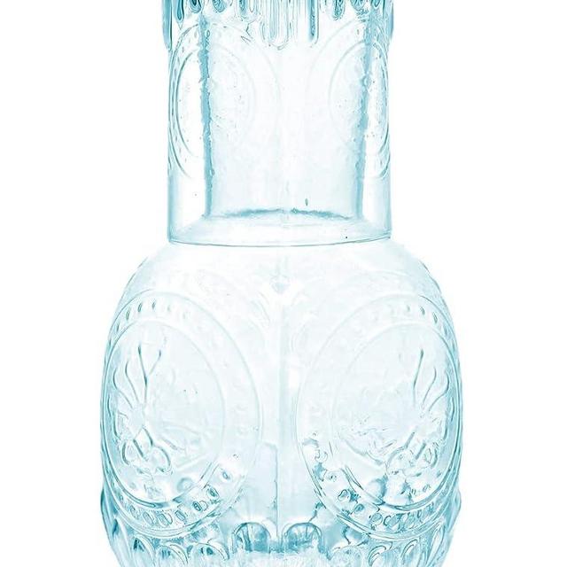 RockTrend Retro Clear Glass Bedside Night Water Carafe with Tumbler Glass, Relief Glass Pitcher And Cup Night Set