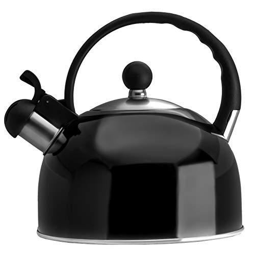 2.5 Liter Whistling Tea Kettle - Modern Stainless Steel Whistling Tea Pot for Stovetop with Cool Grip Ergonomic Handle - Black - Other Colors Available