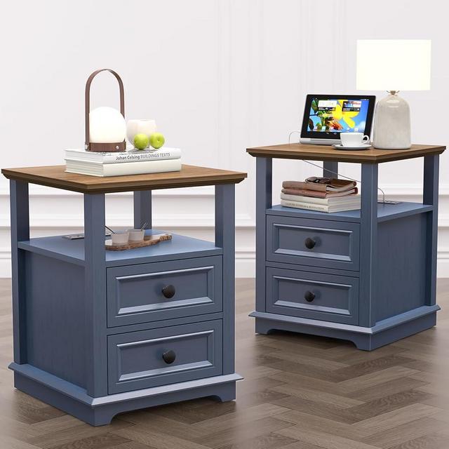 REDAYFUR 18" Wide End Table with Fast Charging Station Set of 2, 18” Wide Sofa Side Table with Drawers,End Table with Drawers for Living Room,Blue