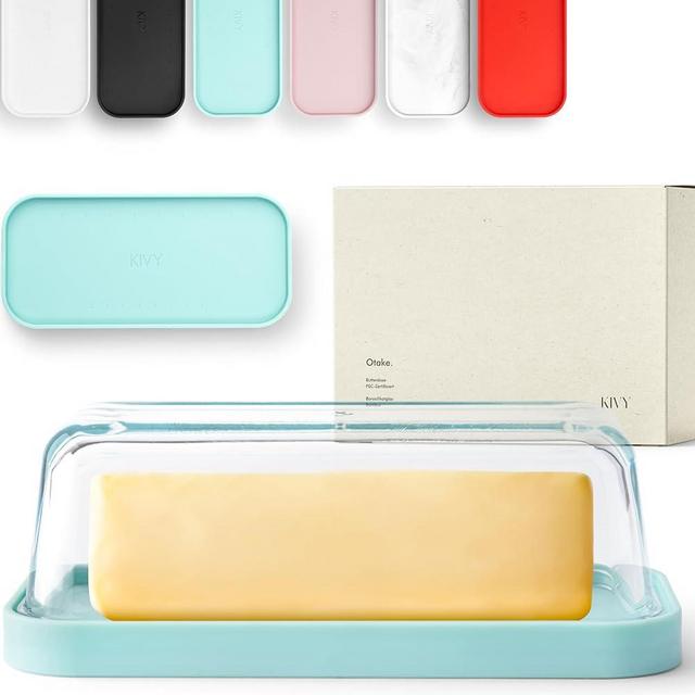 KIVY Glass butter dish with lid for countertop and refrigerator door shelf - Dishwasher safe teal butter dish for refrigerator - Green butter dish - Glass butter tray with lid - Airtight butter saver