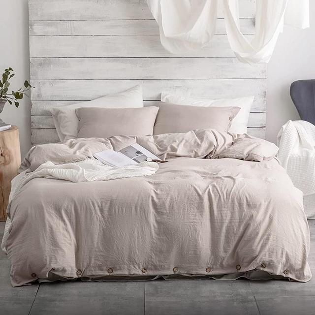 Argstar 3 Pieces California King Button Duvet Cover Set, Khaki Duvet Cover with Button Closure, Washed Microfiber Soft & Easy Care Bedding Comforter Cover with Ties (1 Tan Duvet Cover, 2 Pillowcases)