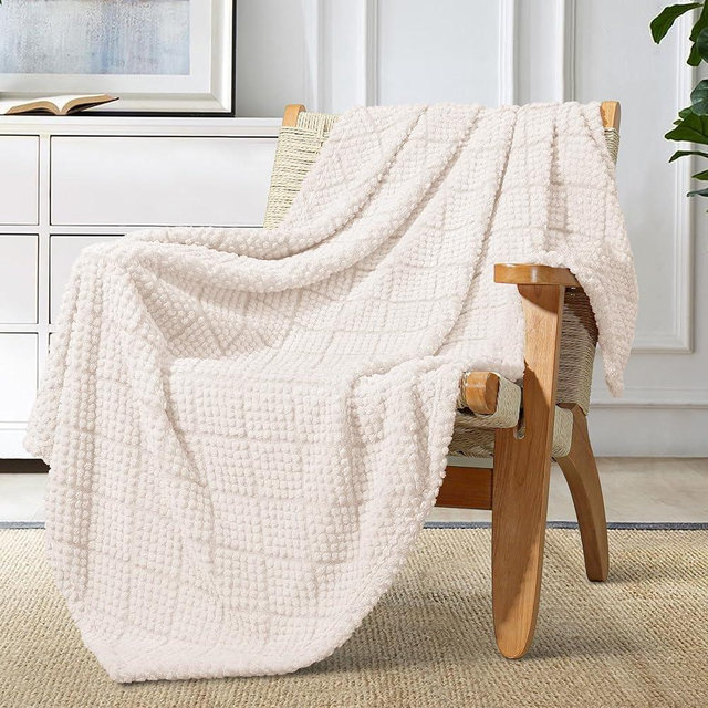 Whale Flotilla Fuzzy Fleece Throw Blanket for Couch, Bed, Soft Fluffy Jacquard Waffle Blankets for All Season, Lightweight and Warm, 50x60 Inch, Ivory