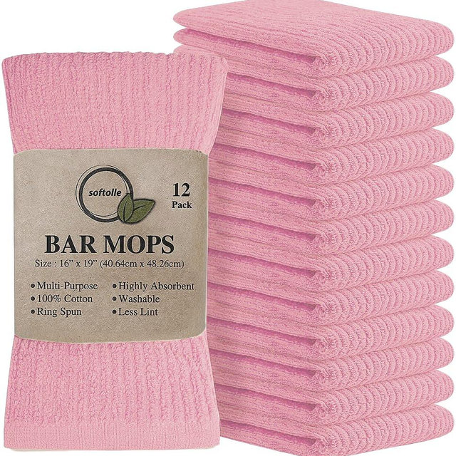Softolle Bar Mop Towels, Pack of 12-16x19 Inches - 100% Cotton Super Absorbent Towels, Multi-Purpose for Home and Bar Cleaning (Pink)