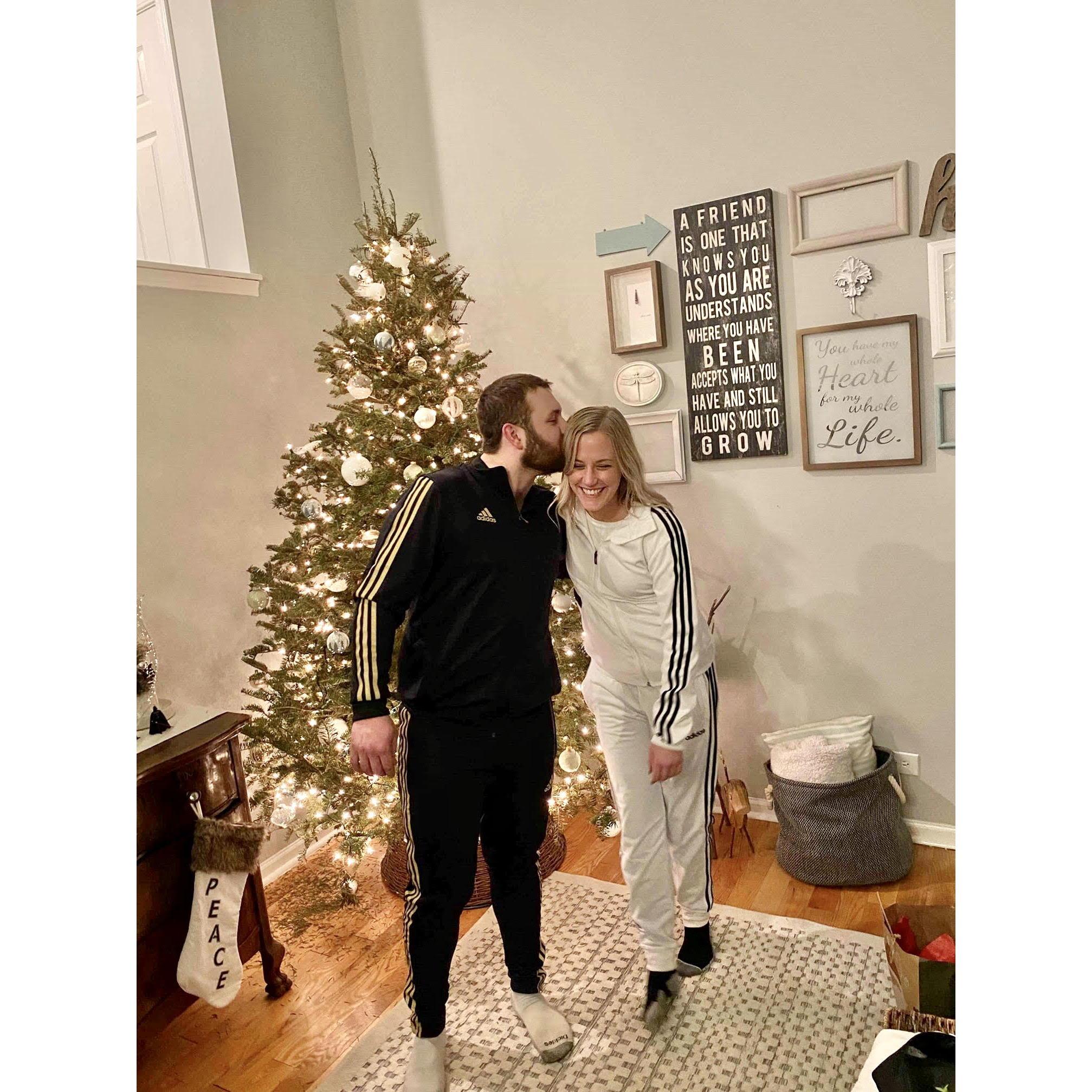 Our first time celebrating Christmas together. We were gifted these amazing matching track suits by one of Joe's friends.