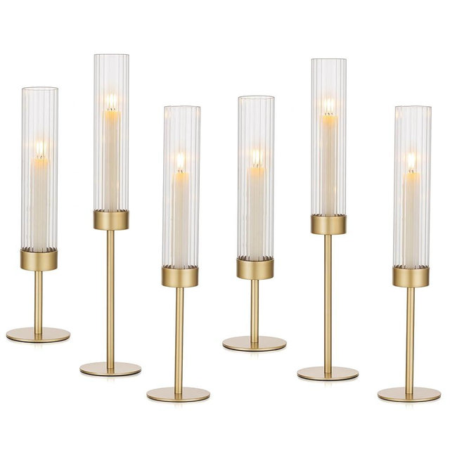 Hewory Gold Hurricane Candle Holders: Brass Candlestick Holders Set of 6 Tall Taper Candle Holders for Candlesticks Candle Sticks Holder Decor for Table Centerpiece Wedding Party Christmas Decorations